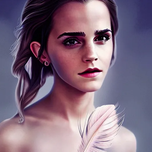 Image similar to a gorgeous female photo, emma watson, professionally retouched, soft lighting, wearing a feather dress, realistic, intricate, elegant, art by artgerm and wlop