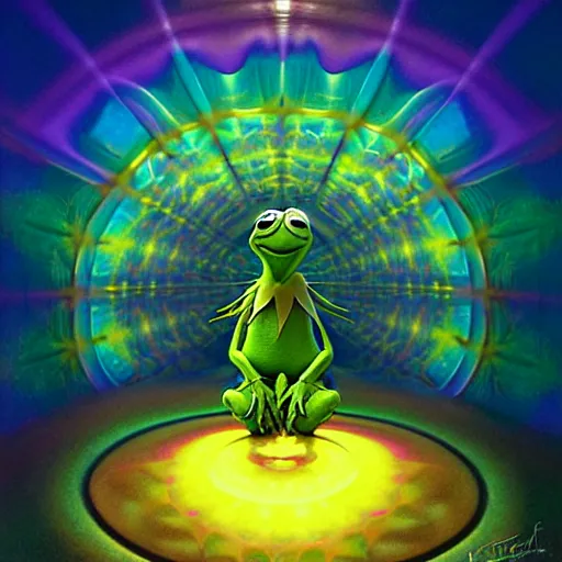 Prompt: transcendent kermit the frog, psychedelic indigo honey flowing like kaleidoscopic translucent amber, lsd waves, honey ripples, enlightenment, dramatic professional lighting, refracted sunset lighting, highly detailed, concept art, art by collier, albert aublet, krenz cushart, artem demura, alphonse mucha