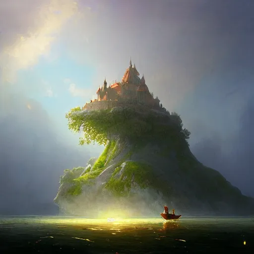 Prompt: ''cinematic shot'' of a floating small island with big castle on top of it made of vegetation made by ivan aivazovsky, peter mohrbacher, greg rutkowski volumetric light effect broad light oil painting painting fantasy art style sci - fi art style realism premium prints available artwork unreal engine