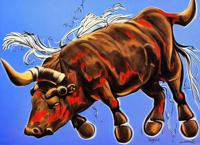 Prompt: mechanical rodeo bull, detailed bull, anime, ralph goings, cartoon styled painting