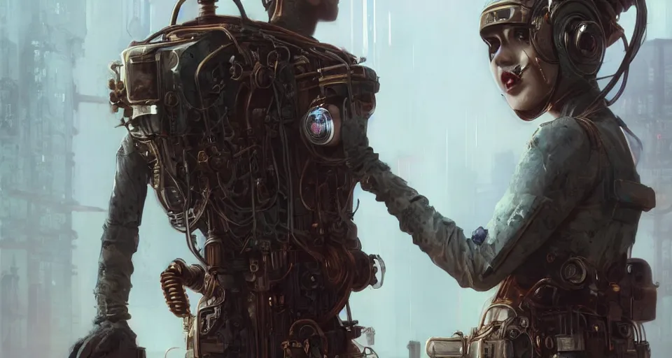 Image similar to a highly detailed epic cinematic concept art CG render digital painting artwork scene: retrofuturistic 1920s cyberpunk steampunk human fused with a combustion engine fuming backpack. By Greg Rutkowski, Ilya Kuvshinov, WLOP, Stanley Artgerm Lau, Ruan Jia and Fenghua Zhong, trending on ArtStation, made in Maya, Blender and Photoshop, octane render, excellent composition, cinematic dystopian brutalist atmosphere, dynamic dramatic cinematic lighting, aesthetic, very inspirational, arthouse