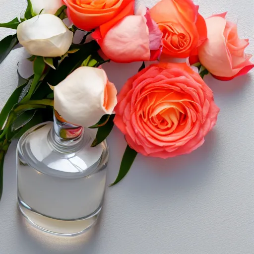 Image similar to perfume bottle sitting on a white surface surrounded by a plethora peach colored roses, bright white realistic, up close shot, white background, zen, light, modern minimalist f 2 0