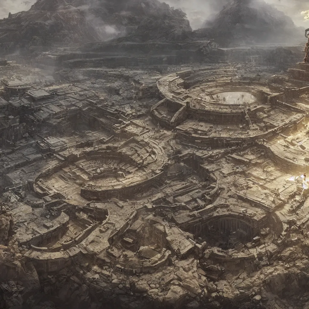 Image similar to coliseum mining tailing of chuquicamata, bioremediation, smooth, rossdraws, norman rockwell, emiliano ponzi, epic composition, hd, octane, unreal engine, volumetric lighting, light rays, masterpiece, award