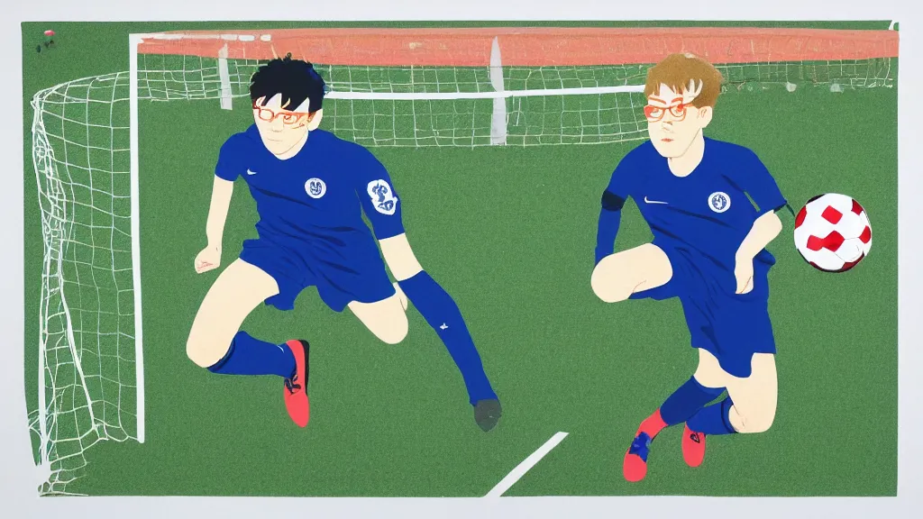 Prompt: Ben with glasses and a wonky eye from Sizewell Christian camp won £10,000 for shooting 10 penalty goals in a row at his Chelsea youth football club, flat design, screen print by Kawase Hasui and dan hillier, 8k