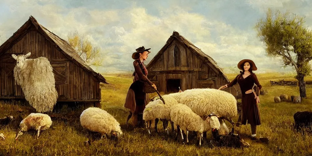 Prompt: oil painting of Mila Jovovich in-the-old-west inspecting a dead sheep at the cabin on the prairie, realistic, volumetric lighting, cinematic