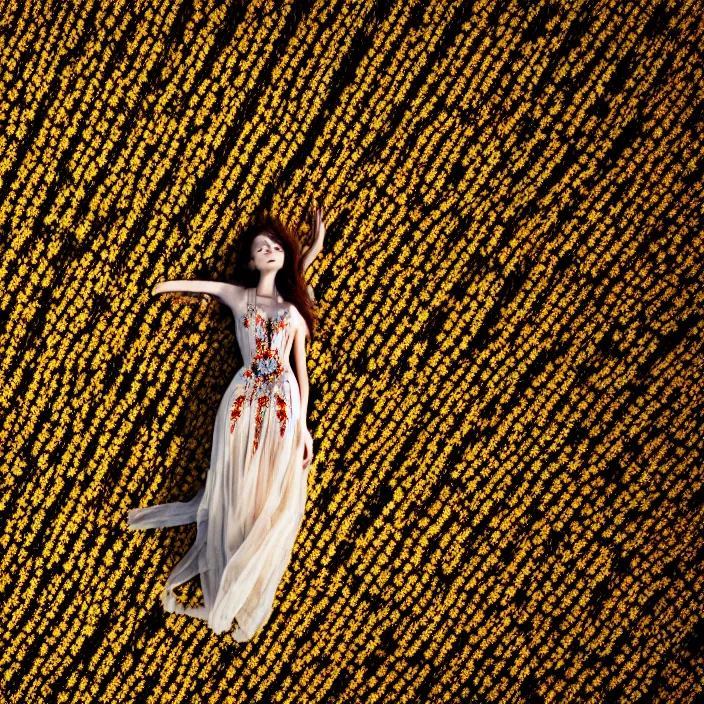 Prompt: photo of a very beautiful!! woman on intricate dress in an endless heavenly meadow, 4 k, hdr, smooth, sharp focus, high resolution, award - winning photo, trending on artstation, 5 0 mm