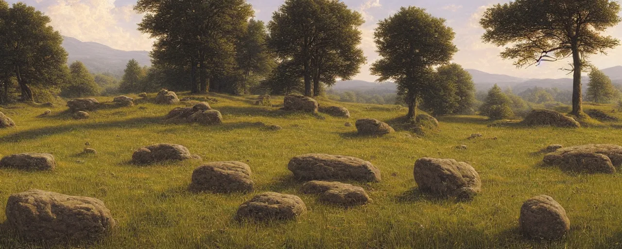 Prompt: a high hill meadow landscape with four tall stones on the top forming a circle, by ted nasmith
