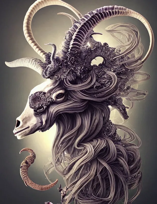 Image similar to 3 d goddess goat skull half - turn portrait with long hair with ram skull. beautiful intricately detailed japanese crow kitsune mask and clasical japanese kimono. betta fish, jellyfish phoenix, bio luminescent, plasma, ice, water, wind, creature, artwork by tooth wu and wlop and beeple and greg rutkowski