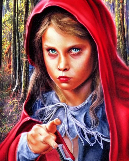 Image similar to little red riding hood, airbrush, drew struzan illustration art, key art, movie poster