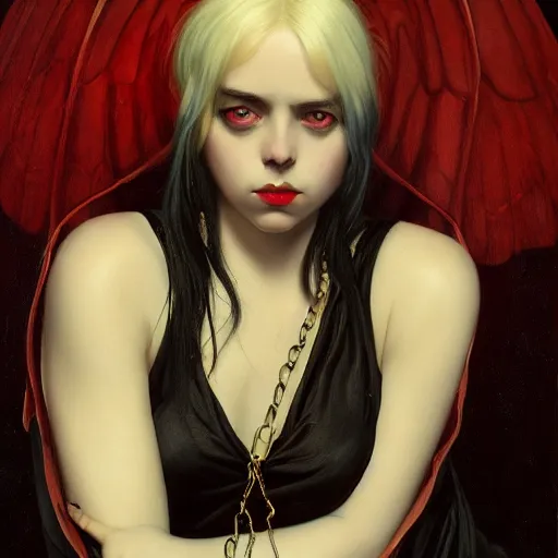 Image similar to Billie Eilish as a demon succubus, oil on canvas, noir effect, artstation, by J. C. Leyendecker and Edmund Blair Leighton and Charlie Bowater,--width 1600