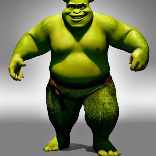 Image similar to handsome shrek, half body shot, path traced, fight scene, highly detailed, high quality, digital painting