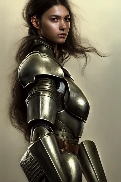 Image similar to a photorealistic painting of an attractive young girl, partially clothed in metal-plated battle armor, olive skin, long dark hair, beautiful bone structure, symmetrical face, perfect eyes, intricate, elegant, digital painting, concept art, illustration, sharp focus, minimal artifacts, from Metal Gear, in the style of Ruan Jia and Mandy Jurgens and Greg Rutkowski, trending on Artstation, award winning