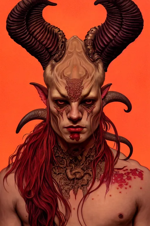 Image similar to portrait of a beautiful young fit male demon with ram horns, scaly skin covered in occult tatoos, flaming scene, by greg rutkowski and alphonse mucha, d & d character, gradient red to yellow, in front of an hellish landscape background, highly detailed portrait, digital painting, artstation, concept art, smooth, sharp focus ilustration, artstation hq