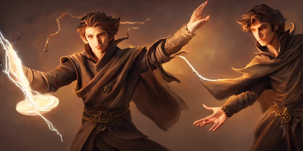 Image similar to epic concept art of a handsome young caucasian male sorcerer with brown hair casting a spell that is emanating from his hands he is in a alchemist lab, action pose, medium shot, deep depth of field, waist up, d & d mage, magic the gathering art