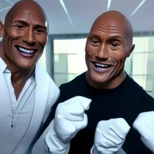 Image similar to obunga and dwayne Johnson promoting toothpaste by showing of their beautiful white teeth and holding toothpaste, hyper realistic, tv commercial