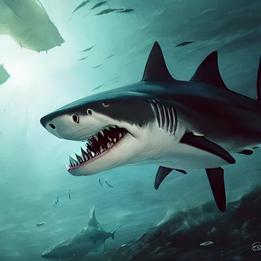 Prompt: a shark underwater with bloody mouth by greg rutkowski