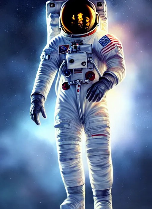 Image similar to astronaut in the style of stefan kostic, realistic, full body shot, wide angle, sharp focus, 8 k high definition, insanely detailed, intricate, elegant, art by stanley lau and artgerm, floating embers