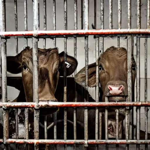 Prompt: inmates with cow heads inside a jailcell