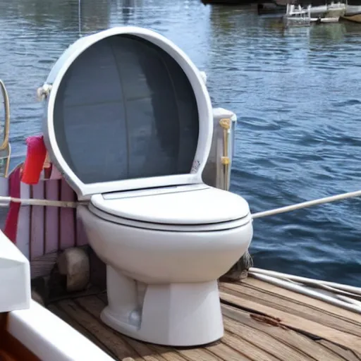 Prompt: a toilet made of teeth, on a boat