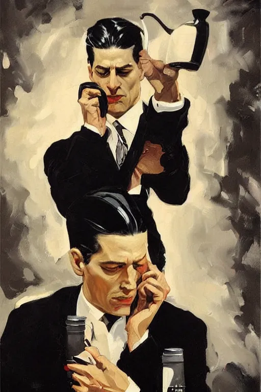 Image similar to dale cooper drinking coffee, coffee spilling, waves of black liquid, painting by jc leyendecker!! phil hale!, lynchian!!!! ominious, dark lighting, angular, brush strokes, painterly, vintage, crisp