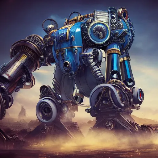 Image similar to colossal steampunk mech with blue piping enveloping its entirety, 4 k photorealism, trending on artstation, 4 k quality