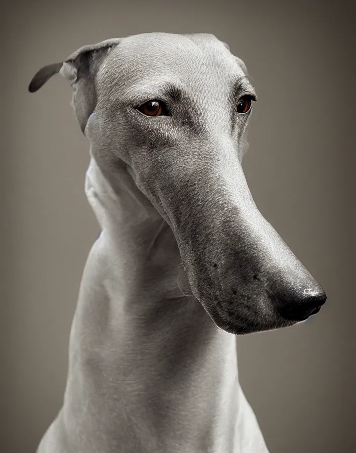 Image similar to an elegant portrait photo of a greyhound in the renaissance style, ultra detaile, 8 k, award winning, elegant lighting