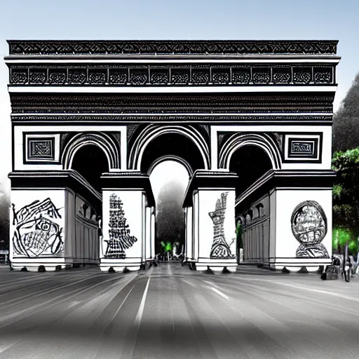 Image similar to photorealistic, arc de triomphe full of graffiti