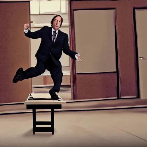 Image similar to saul goodman doing a kickflip across the judge's desk, movie film still, hq, hdr