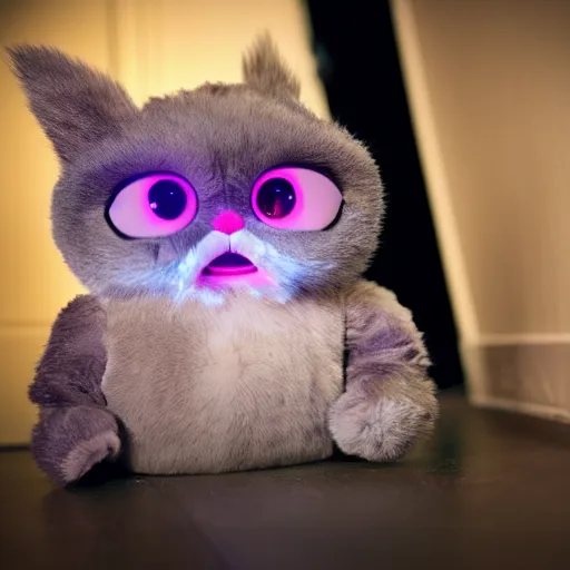 Prompt: Found footage of a dimly lit bedroom with a single furby sitting in the center of the room, staring at the viewer in the doorframe