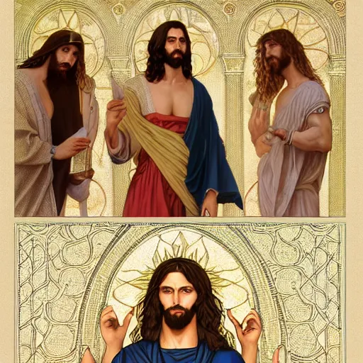 Image similar to a detailed illuminated manuscript of a ridiculously good looking jesus that looks like a jewish gigachad, long curly hair, elegant ancient greek dress, very detailed, coast as the background, beautiful, intricate, cinematic, artstation, william bouguereau, alphonse mucha, greg rutkowski, rossdraws, octane render