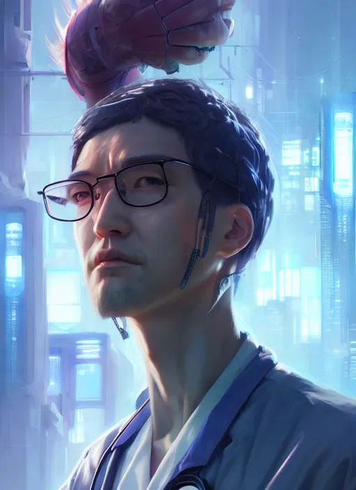 Image similar to character concept art of a cyberpunk doctor, key visual, realistic shaded perfect face, fine details, dystopian environment and background, by stanley artgerm lau, wlop, rossdraws, james jean, andrei riabovitchev, marc simonetti, and sakimichan, trending on artstation