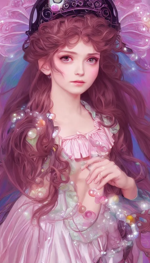 Prompt: portrait of magical lolita girl, dreamy and ethereal, expressive pose, big pink eyes, exciting expression, fantasy, intricate, elegant, many rainbow bubbles, rose tones, highly detailed, digital painting, artstation, concept art,cyberpunk wearing, smooth, sharp focus, illustration, art by artgerm and greg rutkowskiand alphonse mucha