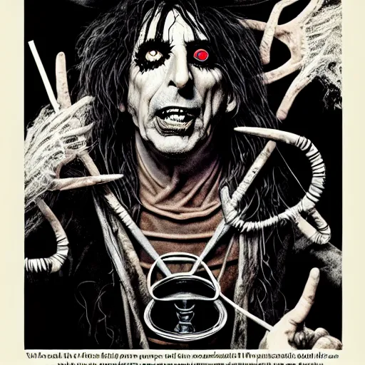 Prompt: graphic illustration, creative design, alice cooper as a witch, biopunk, francis bacon, highly detailed, hunter s thompson, concept art