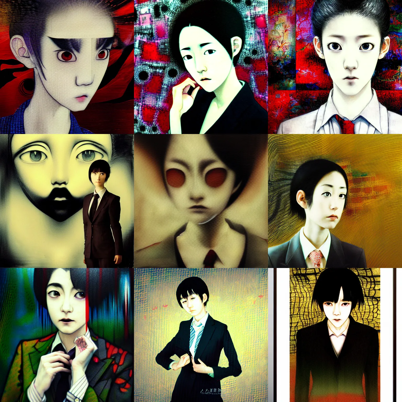 Image similar to yoshitaka amano blurred and dreamy realistic three quarter angle portrait of a young woman with short hair and black eyes wearing office suit with tie, junji ito abstract patterns in the background, satoshi kon anime, noisy film grain effect, highly detailed, renaissance oil painting, weird portrait angle, blurred lost edges