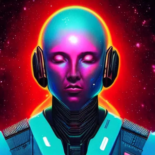 Image similar to portrait from a bird like alien, synthwave, universe background, nebula, galaxy, artstation