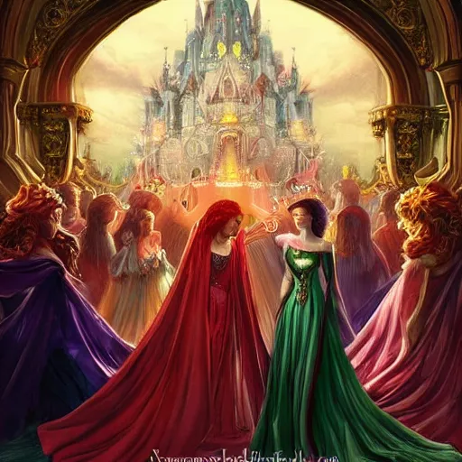 Prompt: Fantastic, fairytale painting, Beautiful, female mage, long flowing red hair, light emitting from fingertips, hovering, ornate gown, royalty, surrounded by a crowd of people, onlookers, kingdom, royal court, hyperreal,