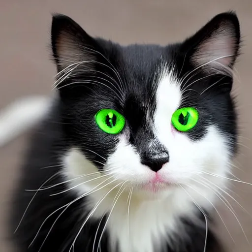 Prompt: a fluffy long-haired black and white kitty with round green eyes and a black half-moustache