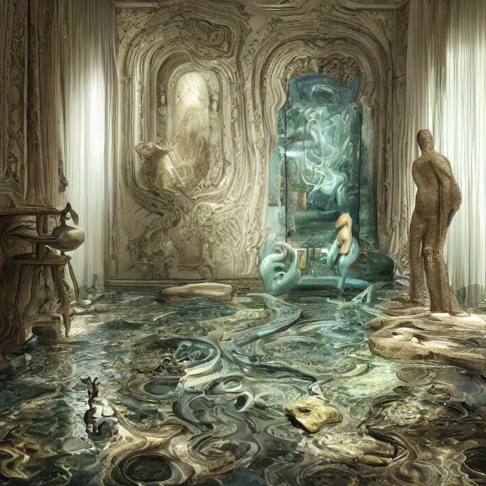 Image similar to hyperrealistic random objects in a surreal dreamscape environment by salvador dali, highly detailed, 3 d render, vray, octane, beautiful lighting, photorealistic, intricate, elegant, wayne barlowe, water, mirrors, doorway, beautiful, masterpiece, trending on artstation, artgerm, checkered floor