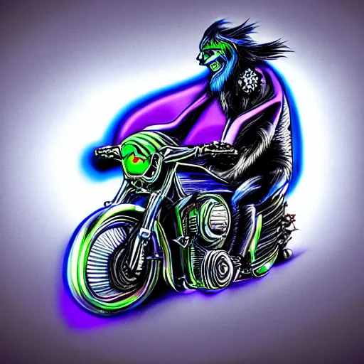 Image similar to psychedelic blacklight airbrush artwork of a stylized orc on a motorcycle, black background