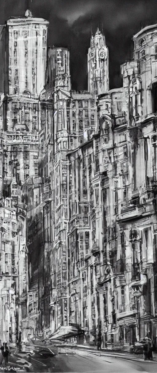 Image similar to Leeds City Centre black and white concept art oil painting