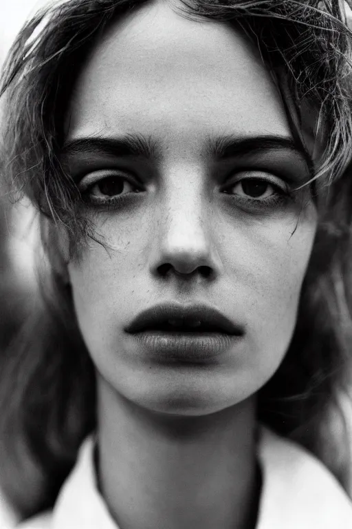 Image similar to extreme close-up black and white portrait, fashion model face, Peter Lindbergh, 35mm, film photo, small aperture