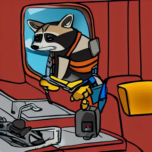 Image similar to a raccoon janitor messing with the controls on a spaceship, fantasy illustration