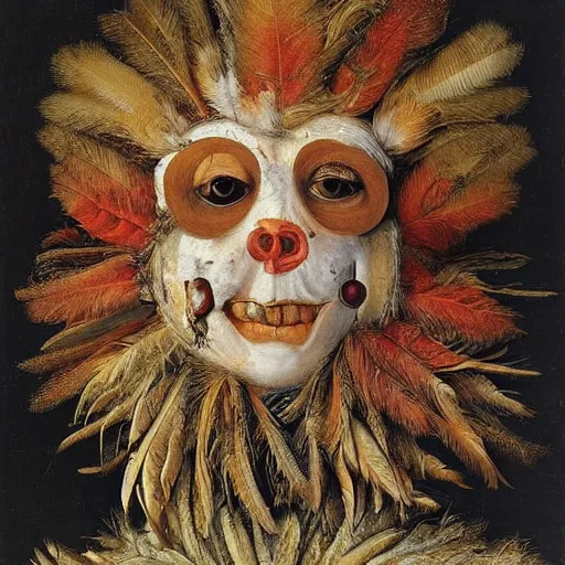 Image similar to a face covered in feathers by giuseppe arcimboldo, oil on canvas