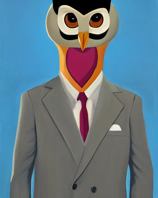 Prompt: a man with wearing a suit with a face of a barn owl by genndy tartakovsky and cory loftis, trending on artsation, detailed, oil on canvas