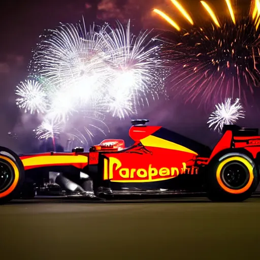 Image similar to portrait of max verstappen getting out of a mercedes f 1 car, dramatic shot, great photography, ambient light, night time, fireworks in the background