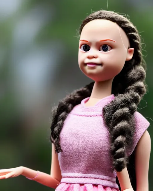 Image similar to high quality presentation photo of a cute greta thunberg barbie doll, photography 4k, f1.8 anamorphic, bokeh, 4k, Canon, Nikon