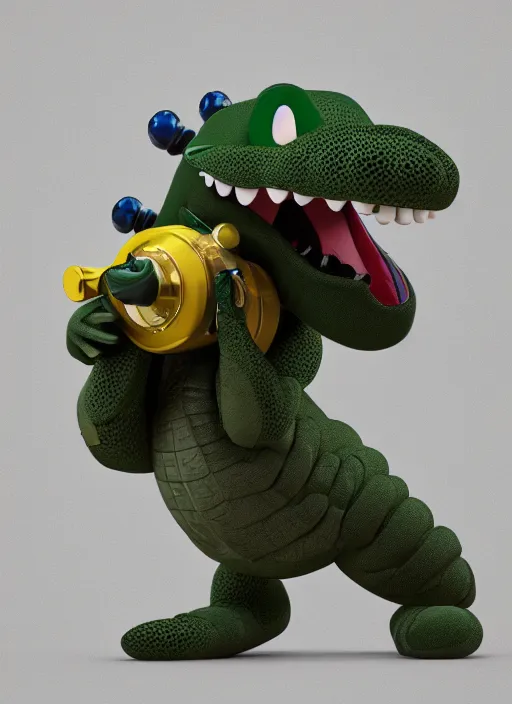 Image similar to a cute plush alligator, fluffy, cartoony, wearing nike sneakers, holding a bazooka, black backround, hyper detailed, octane render 🤣