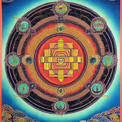 Image similar to yantra, tibetan thangka, giant lotus mandala, celestial bodies, Post apocalyptic, flying through time, portal into anotheer dimension, giant lotus mandala, intricate tapestry, ornate, highly detailed, epic, HD, 8K, rendered in vray, hiroshi yoshida, moebius, exquisite, frame H 1024 W 576