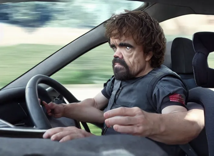 Image similar to peter dinklage driving a little tikes car, racing vin diesel, movie still, explosions in the background, from the new fast and furious movie, 8 k, realistic