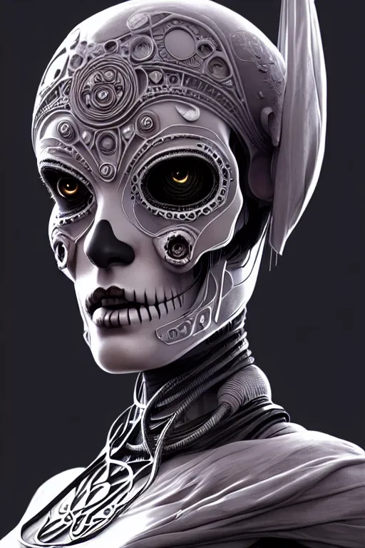 Prompt: ultra detailed Female Android deity, scifi, octane render, clay render, (dia de los muertos), asymmetrical, intricate concept art, art by artgerm and DZO and greg rutkowski and loish and WLOP
